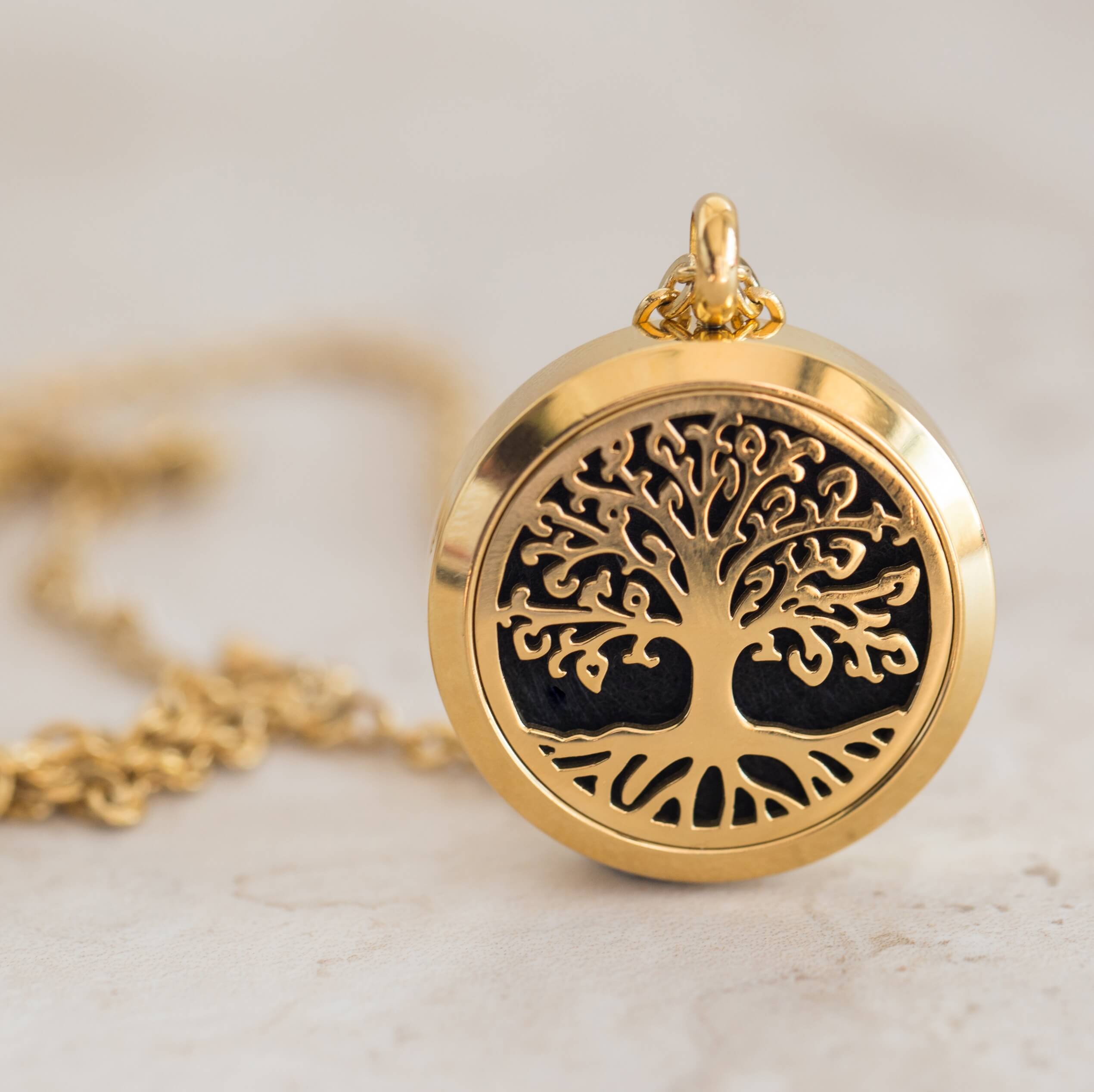 Essential oil diffuser necklace, aromatherapy locket yellow gold tree of life